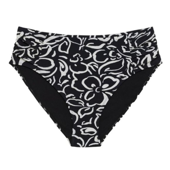 Bikini Swimsuit Bottom Mid Rise Side Rouch Black Floral Woman's 3X 24/26 LR113 - Picture 1 of 9